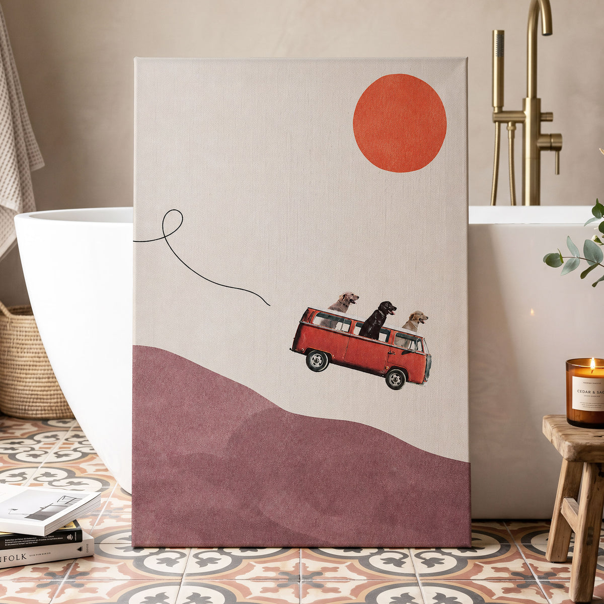 Dogs on a Detour, beige, pink, red minimalist wall art displayed in a styled interior, gallery view 7