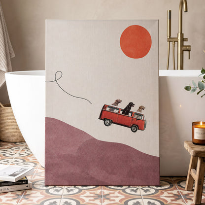Dogs on a Detour, beige, pink, red minimalist wall art displayed in a styled interior, gallery view 7