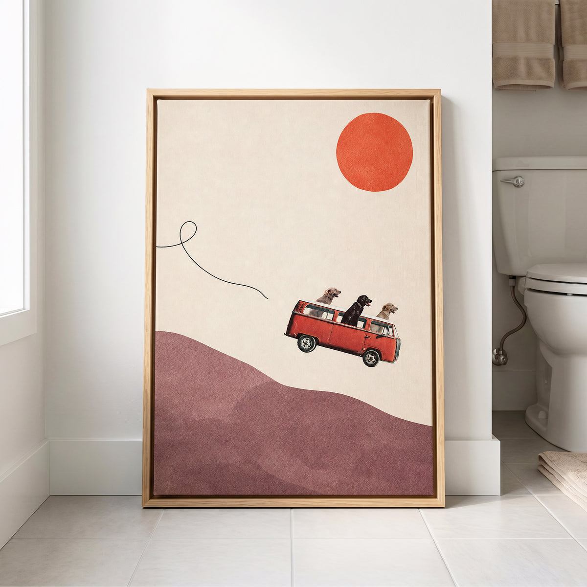 Dogs on a Detour, beige, pink, red minimalist wall art displayed in a styled interior, gallery view 8