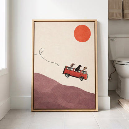 Dogs on a Detour, beige, pink, red minimalist wall art displayed in a styled interior, gallery view 8
