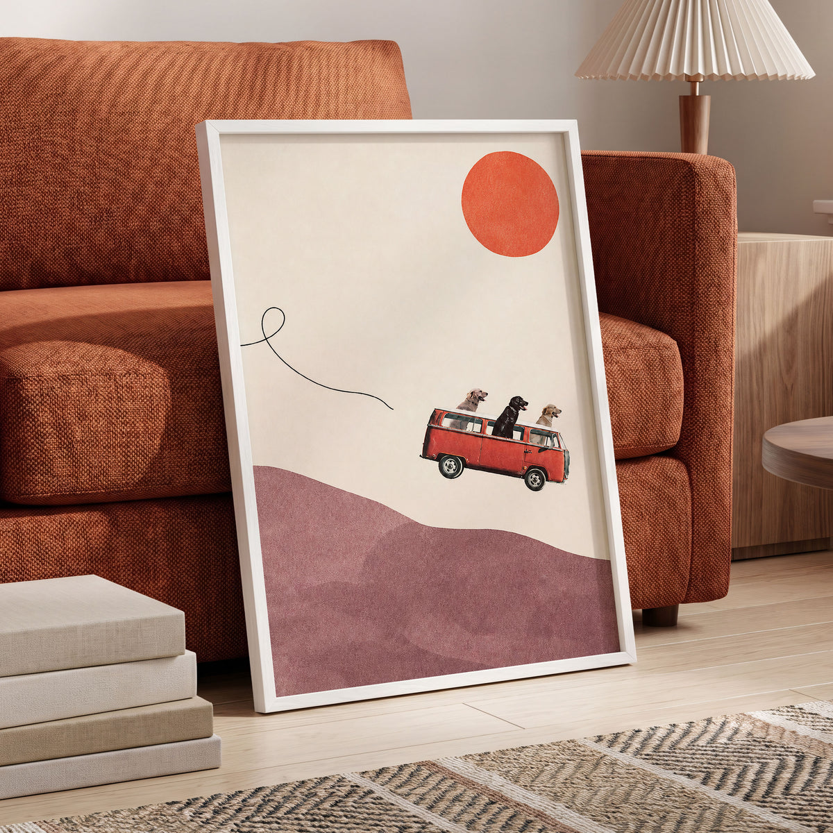 Dogs on a Detour, beige, pink, red minimalist wall art displayed in a styled interior, gallery view 9