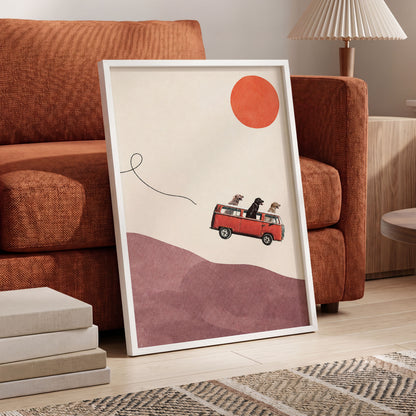 Dogs on a Detour, beige, pink, red minimalist wall art displayed in a styled interior, gallery view 9