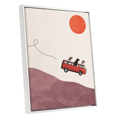 Dogs on a Detour, beige, pink, red minimalist wall art shown as a white framed canvas wall art