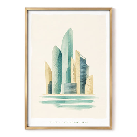 Doha Skyline Study, green, beige, blue minimalist wall art, front artwork view