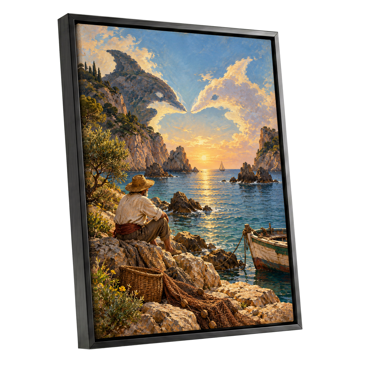 Dolphin Cove at Sunset, blue, gold, brown nature wall art shown as a black framed canvas wall art