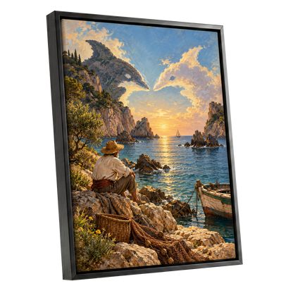 Dolphin Cove at Sunset, blue, gold, brown nature wall art shown as a black framed canvas wall art