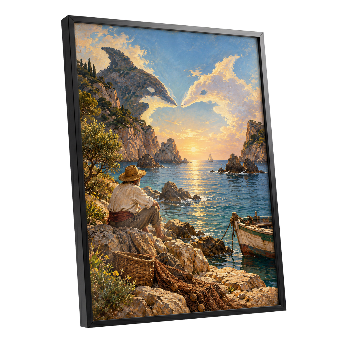 Dolphin Cove at Sunset, blue, gold, brown nature wall art shown as a black framed poster wall art print