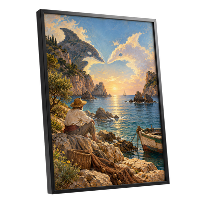 Dolphin Cove at Sunset, blue, gold, brown nature wall art shown as a black framed poster wall art print