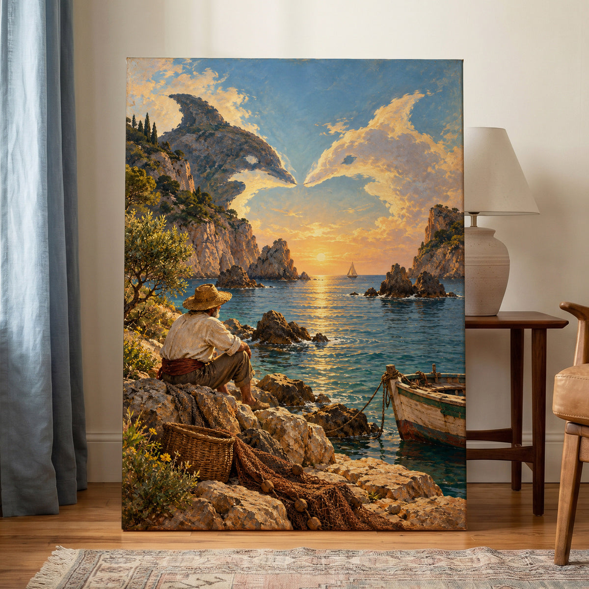 Dolphin Cove at Sunset, blue, gold, brown nature wall art on canvas displayed in a styled interior, gallery view 1