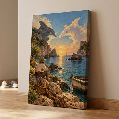 Dolphin Cove at Sunset, blue, gold, brown nature wall art on canvas displayed in a styled interior, gallery view 2