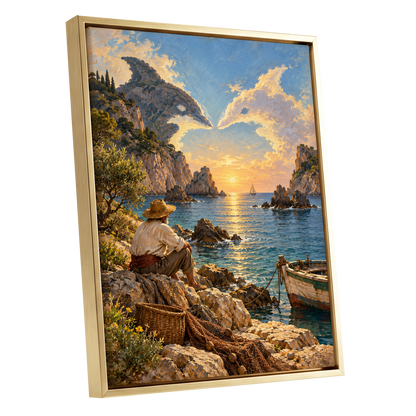 Dolphin Cove at Sunset, blue, gold, brown nature wall art shown as a gold framed canvas wall art