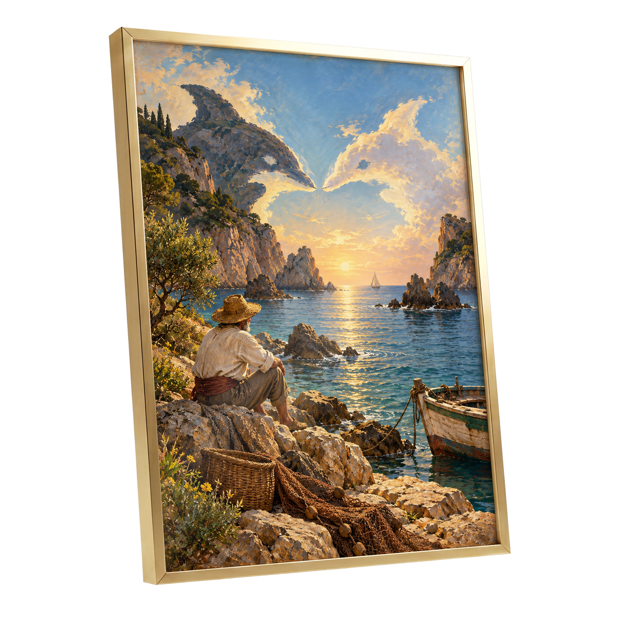 Dolphin Cove at Sunset, blue, gold, brown nature wall art shown as a gold framed poster wall art print