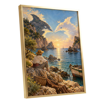 Dolphin Cove at Sunset, blue, gold, brown nature wall art shown as a gold framed poster wall art print