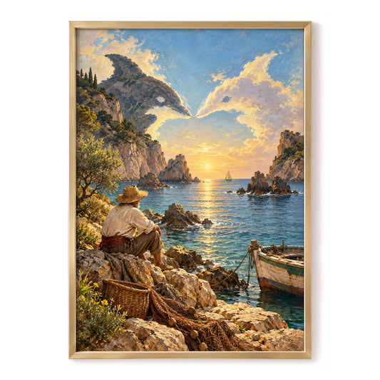 Dolphin Cove at Sunset, blue, gold, brown nature wall art, front artwork view