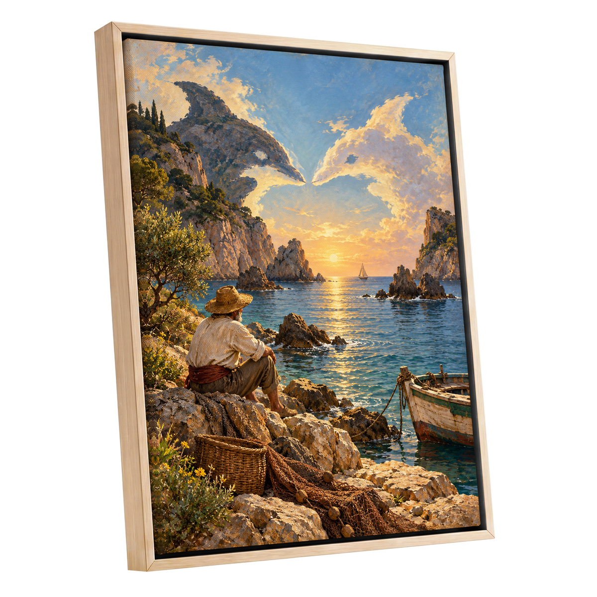 Dolphin Cove at Sunset, blue, gold, brown nature wall art shown as a oak framed canvas wall art