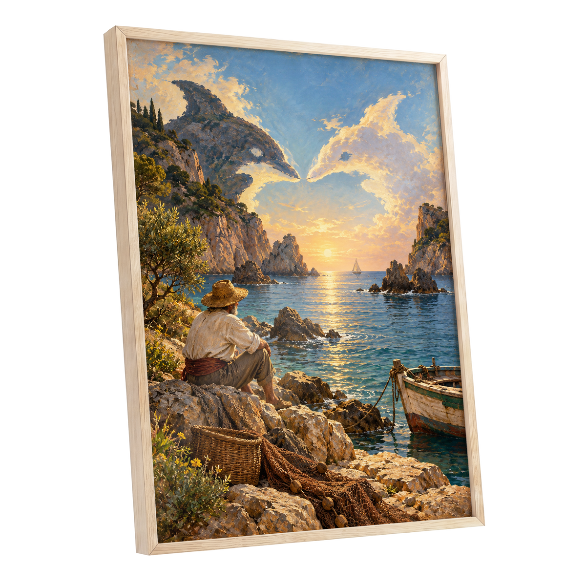 Dolphin Cove at Sunset, blue, gold, brown nature wall art shown as a oak framed poster wall art print
