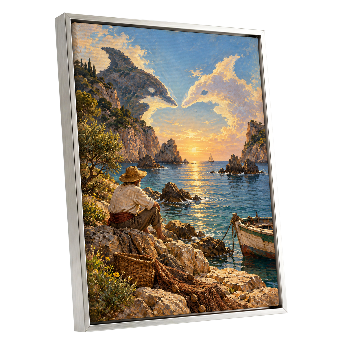 Dolphin Cove at Sunset, blue, gold, brown nature wall art shown as a silver framed canvas wall art