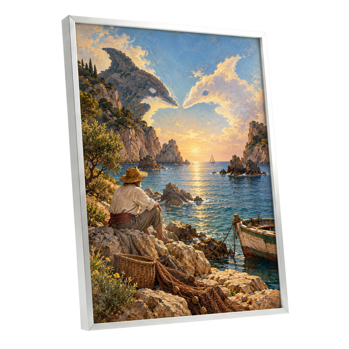Dolphin Cove at Sunset, blue, gold, brown nature wall art shown as a silver framed poster wall art print