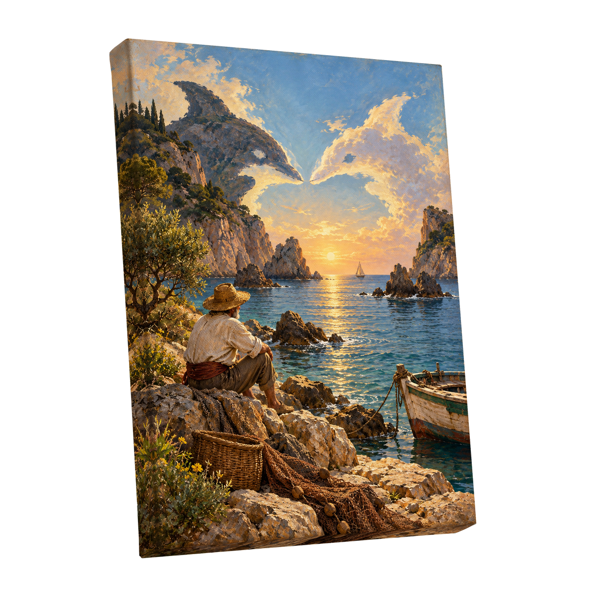 Dolphin Cove at Sunset, blue, gold, brown nature wall art shown as a stretched canvas wall art