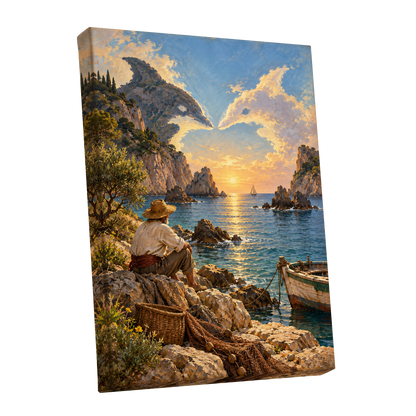 Dolphin Cove at Sunset, blue, gold, brown nature wall art shown as a stretched canvas wall art