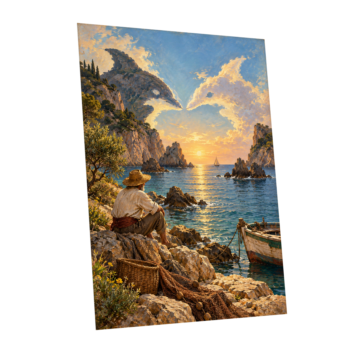 Dolphin Cove at Sunset, blue, gold, brown nature wall art shown as a unframed poster wall art print