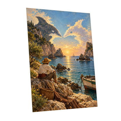 Dolphin Cove at Sunset, blue, gold, brown nature wall art shown as a unframed poster wall art print