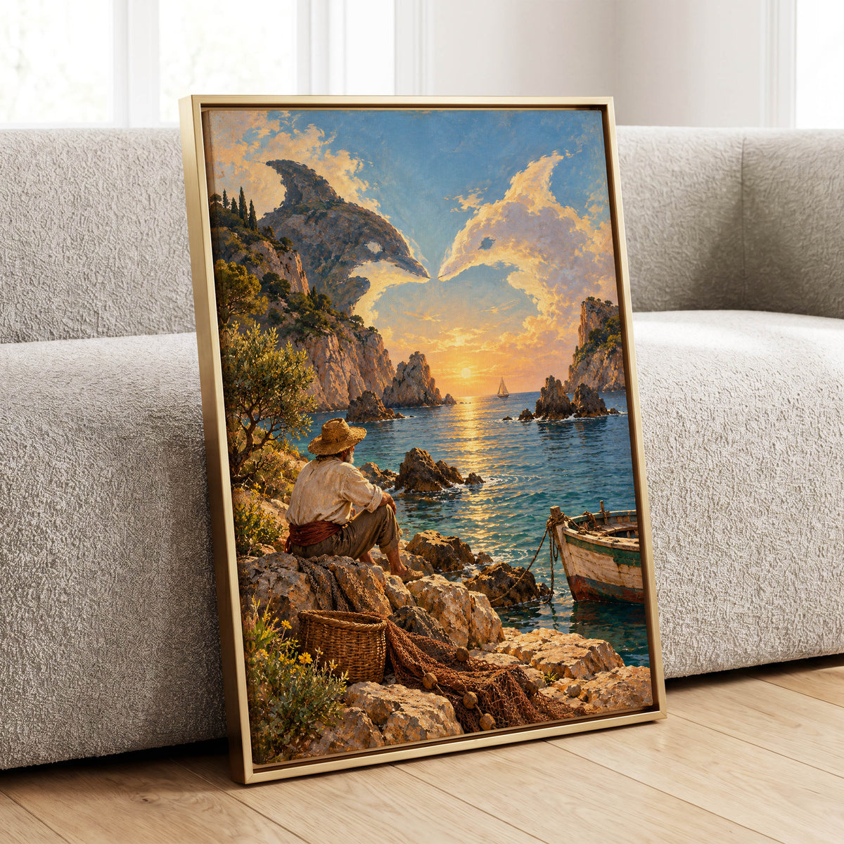 Dolphin Cove at Sunset, blue, gold, brown nature wall art displayed in a styled interior, gallery view 1
