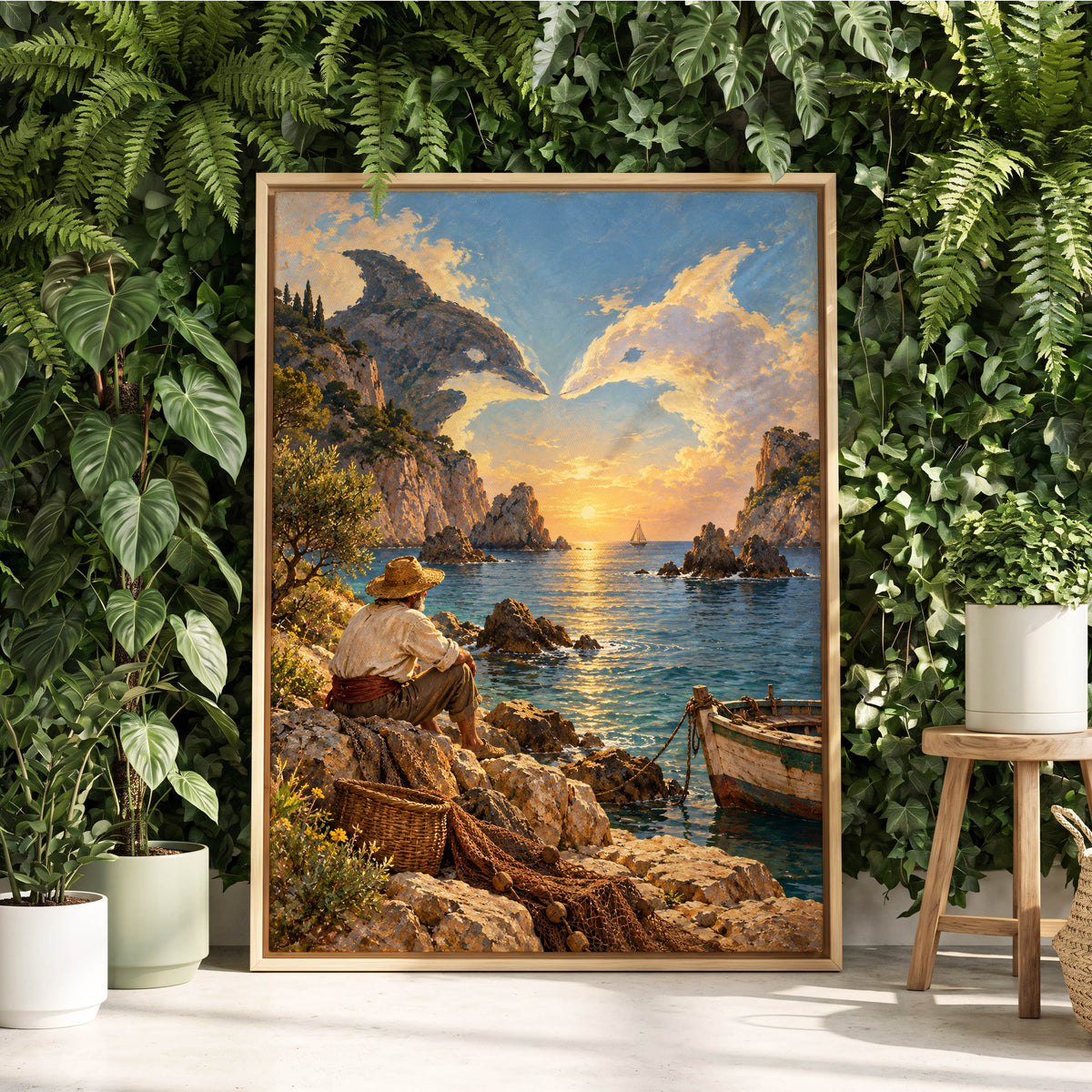 Dolphin Cove at Sunset, blue, gold, brown nature wall art displayed in a styled interior, gallery view 2