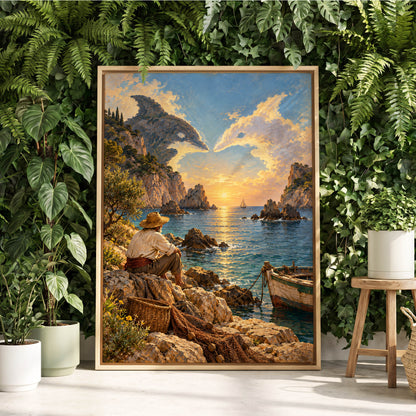 Dolphin Cove at Sunset, blue, gold, brown nature wall art displayed in a styled interior, gallery view 2