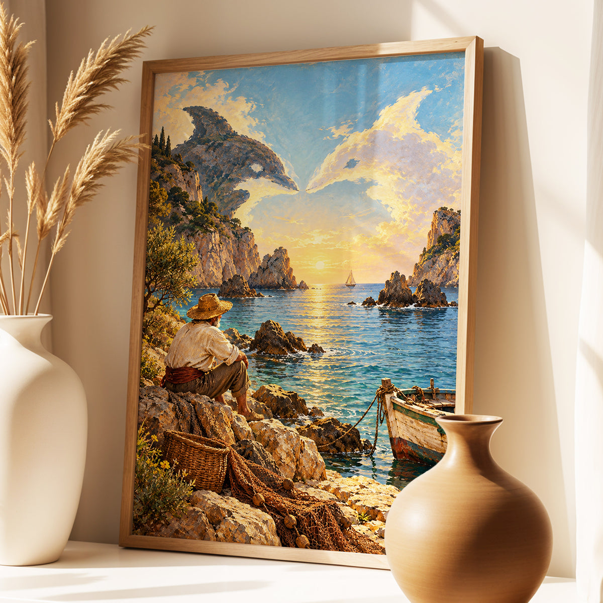 Dolphin Cove at Sunset, blue, gold, brown nature wall art displayed in a styled interior, gallery view 3