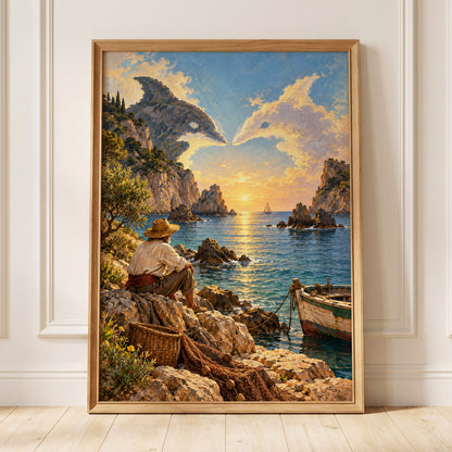 Dolphin Cove at Sunset, blue, gold, brown nature wall art displayed in a styled interior, gallery view 4