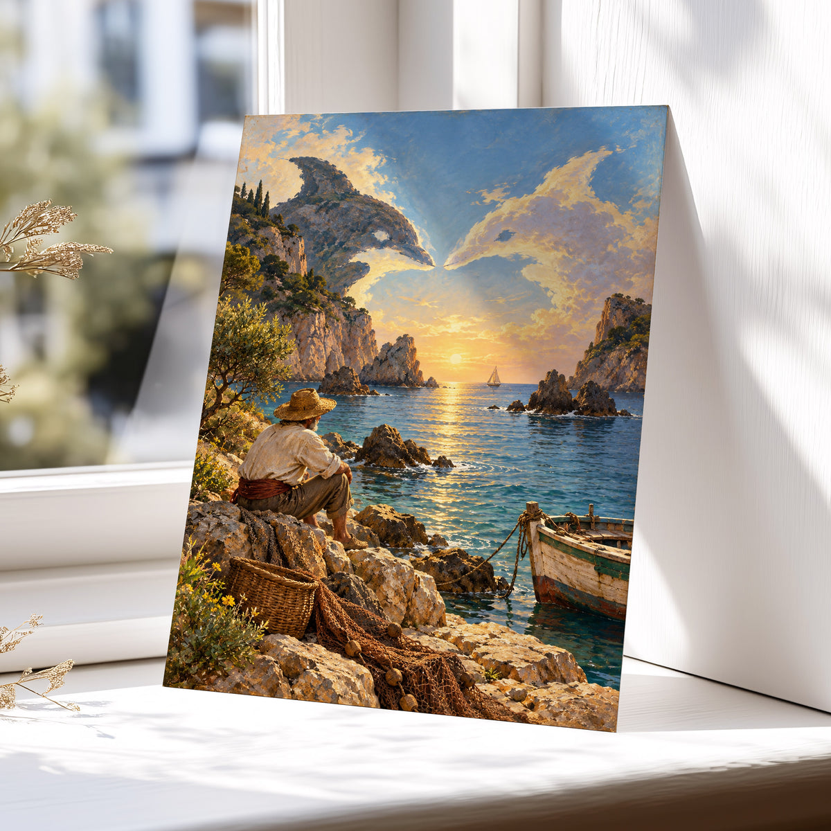 Dolphin Cove at Sunset, blue, gold, brown nature wall art displayed in a styled interior, gallery view 5