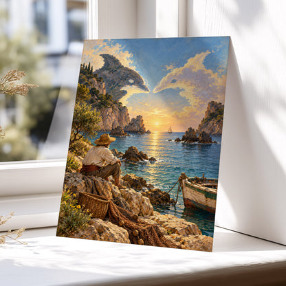 Dolphin Cove at Sunset, blue, gold, brown nature wall art displayed in a styled interior, gallery view 5