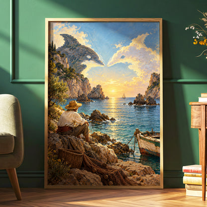 Dolphin Cove at Sunset, blue, gold, brown nature wall art displayed in a styled interior, gallery view 6