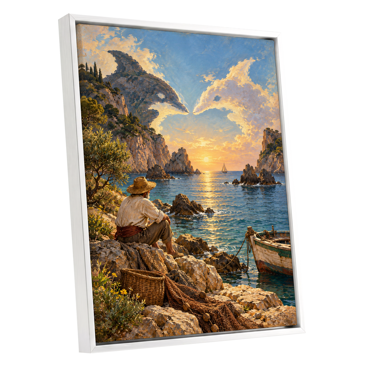 Dolphin Cove at Sunset, blue, gold, brown nature wall art shown as a white framed canvas wall art