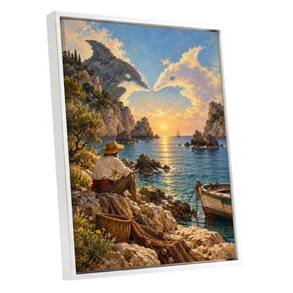 Dolphin Cove at Sunset, blue, gold, brown nature wall art shown as a white framed canvas wall art