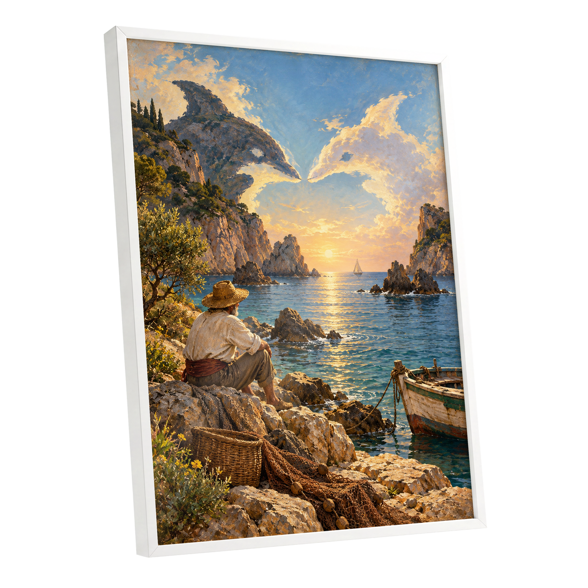 Dolphin Cove at Sunset, blue, gold, brown nature wall art shown as a white framed poster wall art print