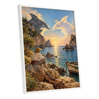 Dolphin Cove at Sunset, blue, gold, brown nature wall art shown as a white framed poster wall art print