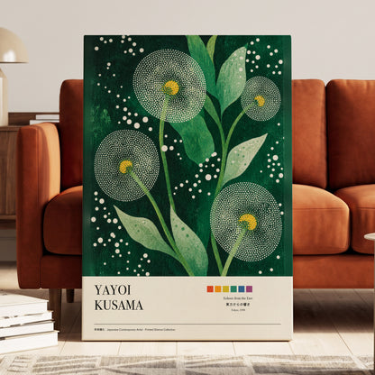 Dotted Garden Nocturne, green, white, yellow floral wall art on canvas displayed in a styled interior, gallery view 1