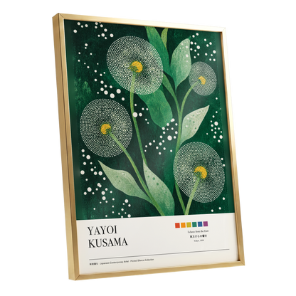 Dotted Garden Nocturne, green, white, yellow floral wall art shown as a gold framed poster wall art print
