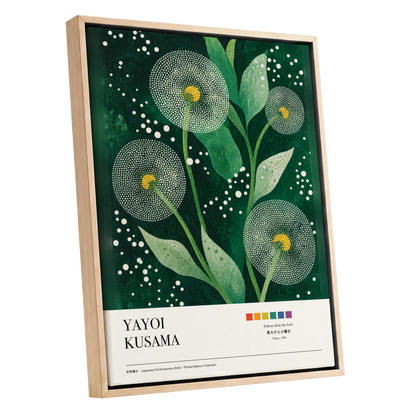 Dotted Garden Nocturne, green, white, yellow floral wall art shown as a oak framed canvas wall art