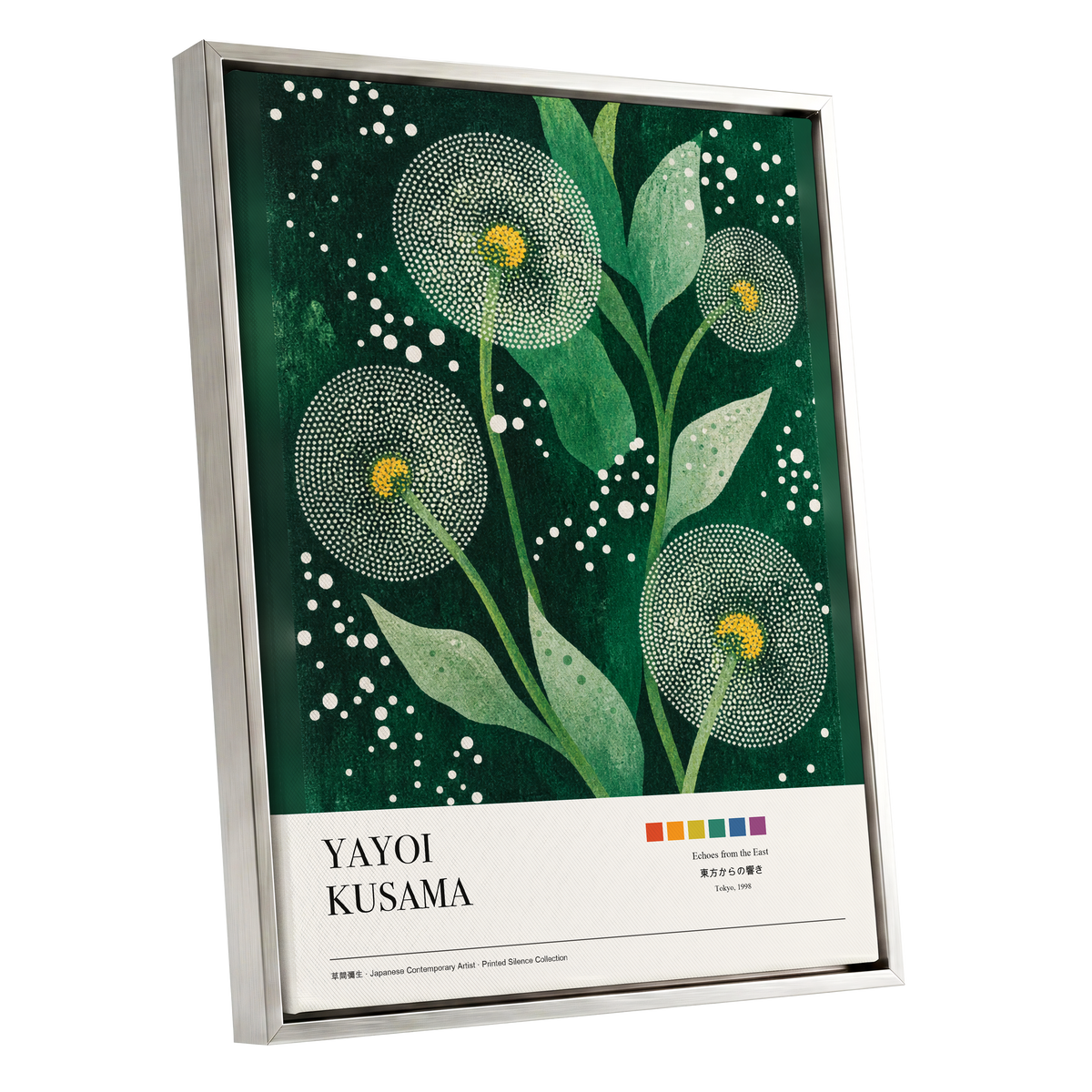 Dotted Garden Nocturne, green, white, yellow floral wall art shown as a silver framed canvas wall art