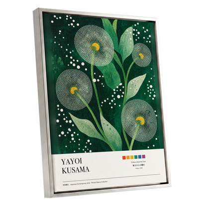 Dotted Garden Nocturne, green, white, yellow floral wall art shown as a silver framed canvas wall art