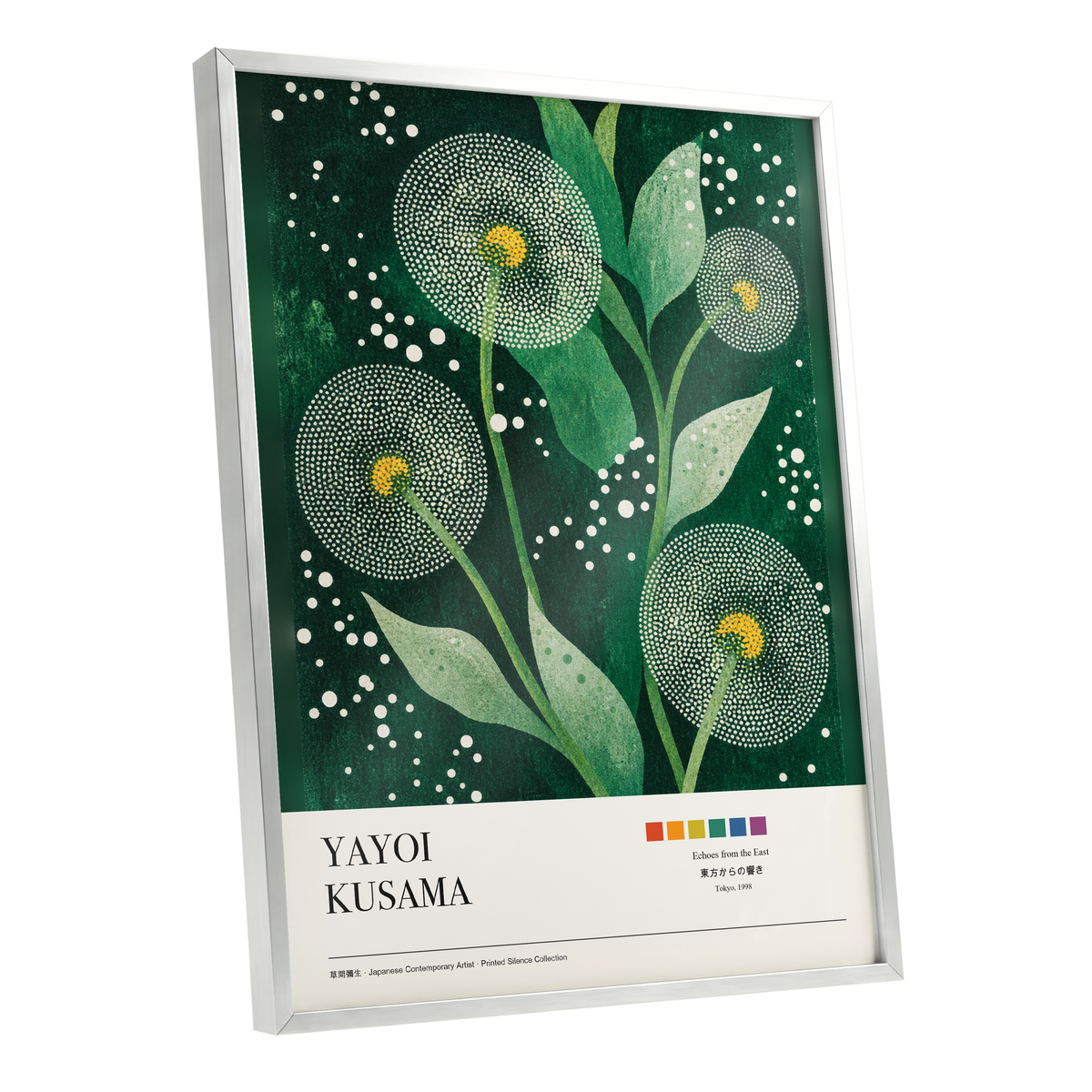 Dotted Garden Nocturne, green, white, yellow floral wall art shown as a silver framed poster wall art print