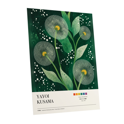 Dotted Garden Nocturne, green, white, yellow floral wall art shown as a unframed poster wall art print