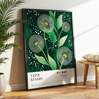 Dotted Garden Nocturne, green, white, yellow floral wall art displayed in a styled interior, gallery view 3