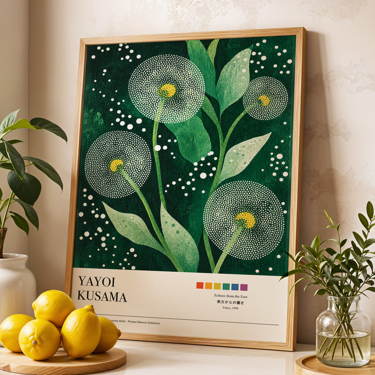 Dotted Garden Nocturne, green, white, yellow floral wall art displayed in a styled interior, gallery view 4