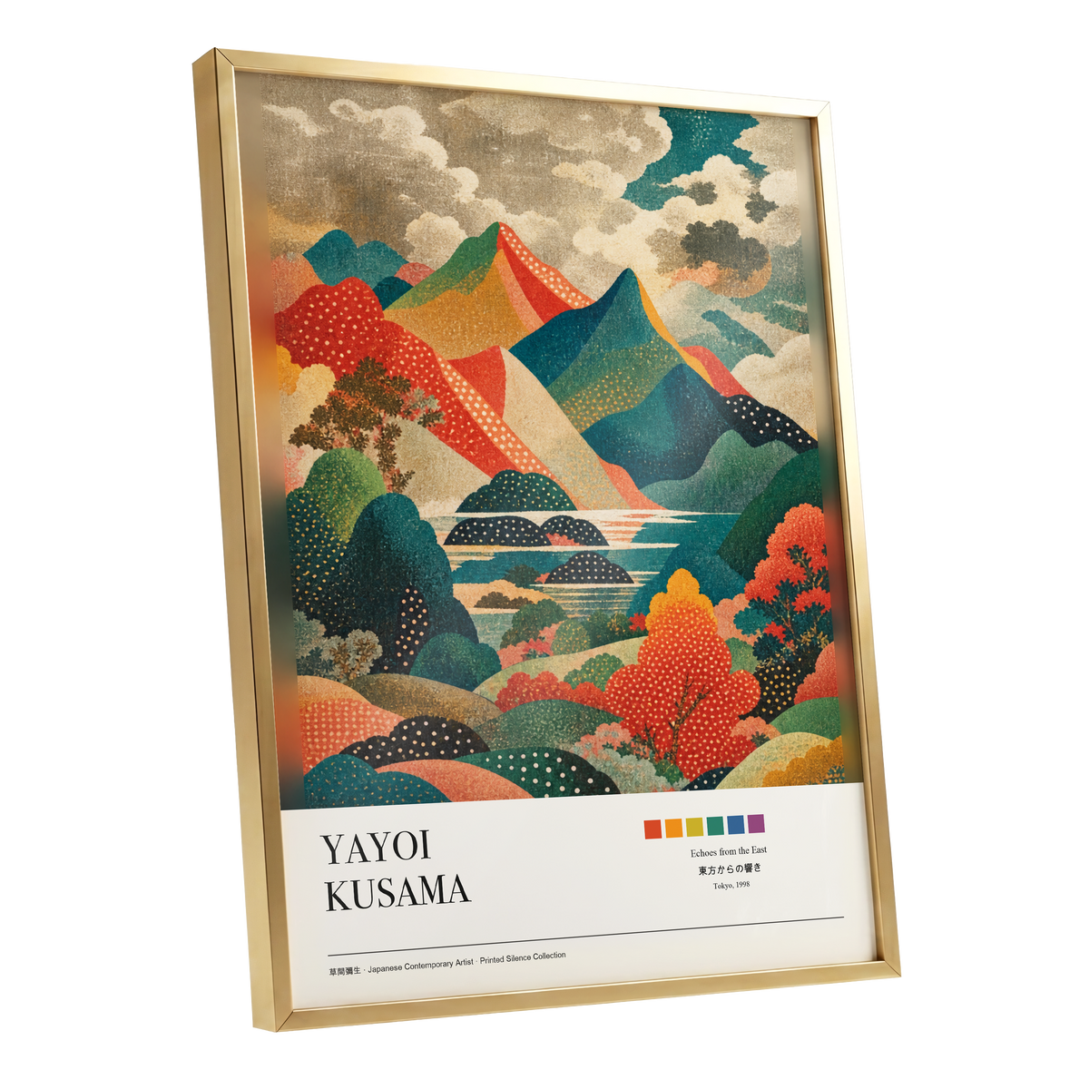 Dotted Mountain Reverie, green, red, beige nature wall art shown as a gold framed poster wall art print