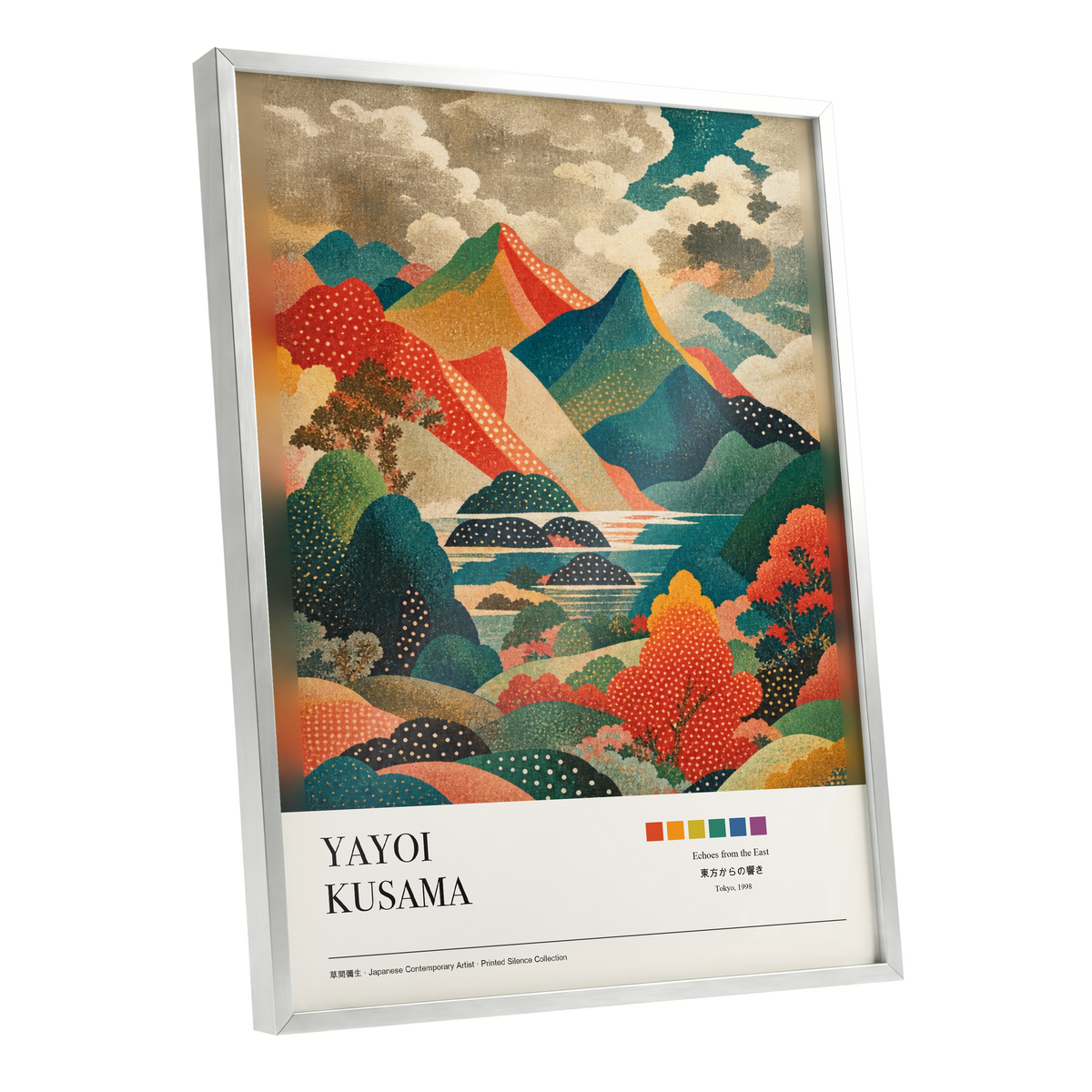 Dotted Mountain Reverie, green, red, beige nature wall art shown as a silver framed poster wall art print