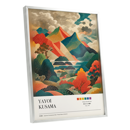 Dotted Mountain Reverie, green, red, beige nature wall art shown as a silver framed poster wall art print